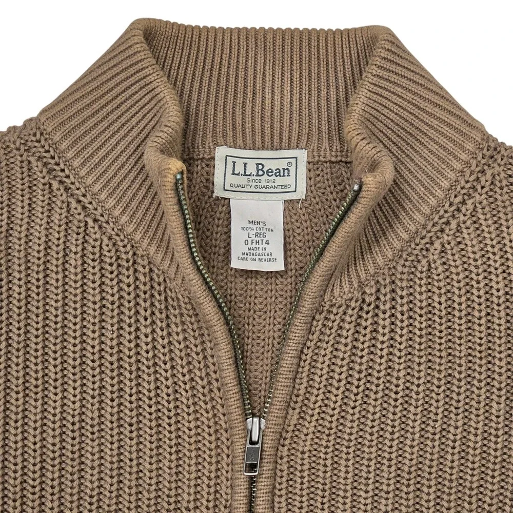Vtg 90s LL Bean Full Zip Chunky Knit Ribbed Cotton Sweater Dark Tan Men's L MINT